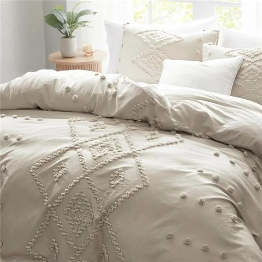 NEW Anthro Cream Boho King / Queen Size Tassel Bedspread Duvet Blanket Sham Set